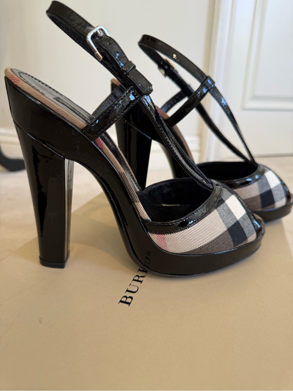 Burberry Black Patent Leather & Check Platform T-Strap Pumps